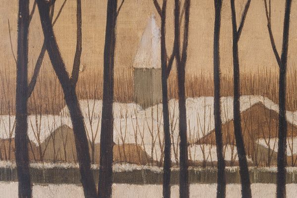 Fukui Ryonosuke (1924 - 1986) : Ryonosuke Fukui (1924-1986)Paesaggio innevato con alberi spogli Giappone, met XX secoloOlio su tela  - Asta ASTA 290 - ARTE ORIENTALE (ONLINE) - Associazione Nazionale - Case d'Asta italiane