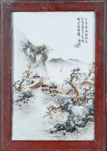 Arte Cinese - Placca in porcellana smaltata con paesaggio montuoso Cina, XX secolo