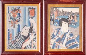 ARTE GIAPPONESE - Lotto di due stampe giapponesi raffiguranti personaggi e cartigli con iscrizioniGiappone, XIX secolo