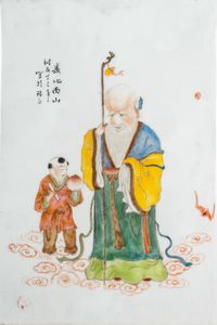 Arte Cinese - Mattonella in porcellana dipinta con Shulao e bambino Cina, XX secolo