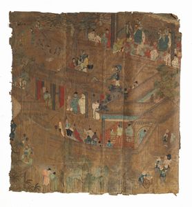 Arte Cinese - Grande dipinto jiehua raffigurante personaggi in paesaggio Cina, XVII-XVIII secolo