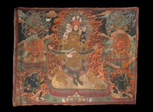 Arte Himalayana - Grande thangka raffigurante MahakalaNepal, inizio XX secolo