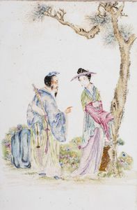 Arte Cinese - Placca in porcellana famiglia rosa dipinta con una coppia in giardino Cina, XX secolo