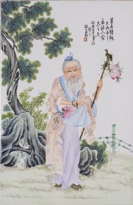 Arte Cinese - Placca in porcellana famiglia rosa dipinta con immortale con pesche Cina, Periodo Repubblica