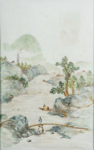 Arte Cinese - Mattonella in porcellana dipinta con paesaggio fluviale e montagne Cina, inizio XX secolo