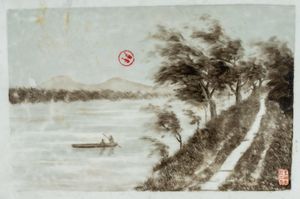 Arte Cinese - Mattonella in porcellana dipinta con paesaggio di Jiangxi. Firmata Wangshan.Cina, inizio XX secolo