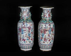 Arte Cinese - Coppia di vasi Canton in porcellana Cina, XIX secolo