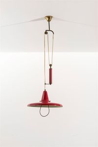 PRODUZIONE ITALIANA - Lampada a soffitto saliscendi in metallo verniciato e ottone. Anni '50 cm 100 (varibaile) x 38