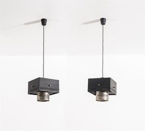 STILNOVO - Coppia di lampade a sospensione in metallo verniciato e ottone nichelato. Prod. Stilnovo anni '60 h cm 22