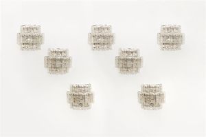 F.LLI TOSO - Serie di sette appliques con struttura in metallo cromato ed elementi in vetro soffiato di Murano. Anni '60 cm  [..]