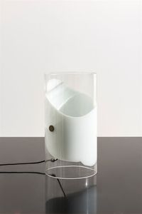 PRODUZIONE ITALIANA - Lampada da tavolo a cilindro in vetro di Murano. Prod. Vistosi anni '60 h cm 38