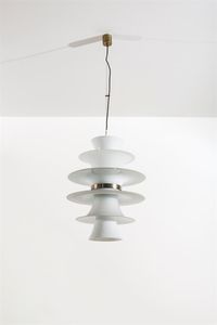 MAZZEGA - Lampada a sospensione formata da elementi in vetro opalino e particolari in ottone nichelato. Anni '50 h cm 67