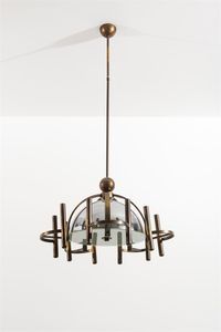 PRODUZIONE ITALIANA - Lampada a sospensione in ottone  diffusore in acciaio e vetro. Anni '50 cm 153x75