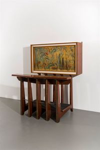 ALOVISI ALLEMANNI - Mobile bar con struttura in legno e particolari in ottone  anta a ribalta con pannello dipinto. Anni '60 cm 17 [..]