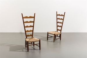 GIO PONTI - Coppia di sedie da camino con struttura in legno e sedute in paglia di Vienna. Prod. Casa e Giardino 1939 cm 103x40x48  [..]