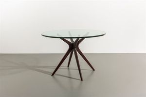 PRODUZIONE ITALIANA - Tavolo con struttura in legno di mogano  piano in vetro di forte spessore. Anni '50 cm 73x110