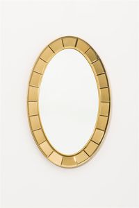 CRISTAL ART - Specchio con cornice a tasselli di vetro colorato e bordi in ottone. Anni '60 cm 93x58