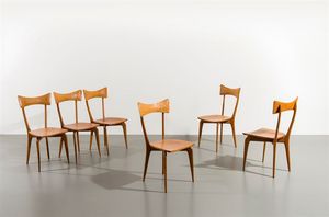 ICO PARISI  nello stile di - Sei sedie con struttura in legno chiaro  seduta e schienale in legno laminato Anni '50 cm 88x40x45