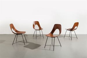 AUGUSTO BOZZI - Quattro sedie in compensato curvato  sostegni in tondino di metallo verniciato. Prod. Saporiti anni '50 Etichetta  [..]