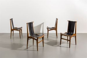 KENMOCHI ISAMU  SHINJO AKIRA - Quattro sedie con struttura in legno  seduta in pelle. Anni '50 cm 89x47x44 Bibl.: C & P. Fiell  50's Decorative  [..]