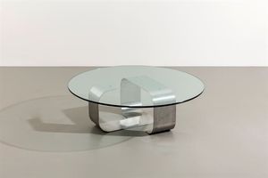 FRANCOIS MONNET - Tavolino in acciaio piegato  piano in vetro. Prod. K Francia  anni '70 cm 50x54x34