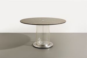 CLAUDIO SALOCCHI - Tavolo in alluminio e perspex  piano in marmo. Prod. Sormani anni '60 cm 77x130