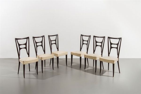 PRODUZIONE ITALIANA : Sei sedie con struttura in legno ebanizzato  sedute imbottite rivestite in similpelle. Anni '50 cm 102x45x41  - Asta Asta 162 Design II - Associazione Nazionale - Case d'Asta italiane