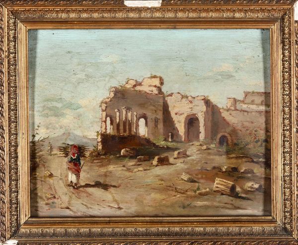 Paesaggio con rovine e figura  - Asta Dipinti del XIX-XX Secolo | Asta a Tempo - Associazione Nazionale - Case d'Asta italiane