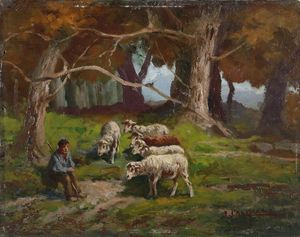 Califano Giovanni : Paesaggio con pastore  - Asta Dipinti del XIX-XX Secolo | Asta a Tempo - Associazione Nazionale - Case d'Asta italiane
