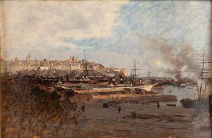 ENRICO REYCEND Torino 1855 - 1928 - Il porto di Genova 1886