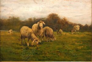 LORENZO DELLEANI Pollone (BI) 1840 - 1908 Torino - Pascolo a novembre (con pecore in primo piano) 11/11/1897