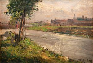 LORENZO DELLEANI Pollone (BI) 1840 - 1908 Torino - Figura sulla sponda del fiume 21/5/1908