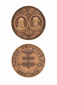 MEDAGLIA - Diam. 40 mm in bronzo  commemorativa del 150 anniversario della nascita della maison Patek Philippe 1839-1989.  [..]