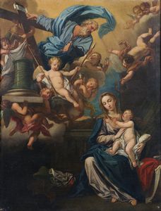 ARTISTA ROMANO DEL XVII SECOLO - Madonna con il Bambino, Dio Padre ed angeli recanti i simboli della Passione.