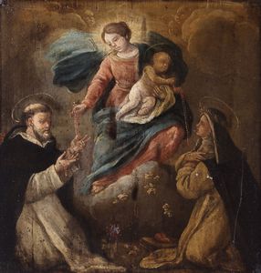 ARTISTA LOMBARDO DEL XVII SECOLO - Madonna con il Bambino, San Domenico e Santa Caterina da Siena.