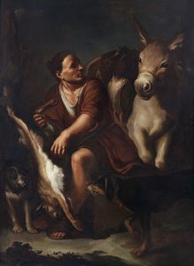 ARTISTA DEL XIX SECOLO - Pastore con asino, lepre e cane.