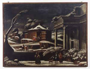 CIFRONDI ANTONIO (1657 - 1730) - Notturno invernale con personaggi e edificio classico.