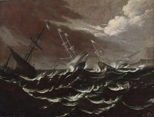 ROSA SALVATORE (1615 - 1673) - Attribuito a. Tempesta con imbarcazioni.