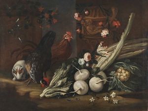 CASSANA GIOVANNI AGOSTINO (1658 - 1720) - Natura morta di frutta con gallina.