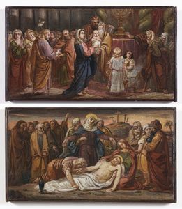 ARTISTA BERGAMASCO DEL XVII SECOLO - Coppia di opere raffiguranti La presentazione di Ges al tempio e La deposizione di Cristo.