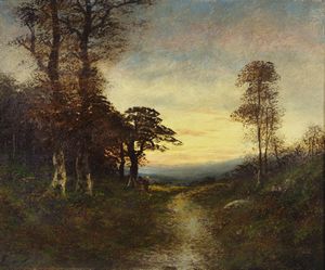 CALVI ERCOLE (1824 - 1900) - Paesaggio al tramonto con personaggio.