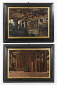 ARTISTA DEL XIX SECOLO - Coppia di dipinti raffiguranti interno di Palazzo Vecchio e Palazzo Medici Riccardi, Firenze.