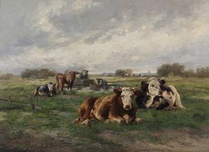 PALIZZI GIUSEPPE (1812 - 1888) - Mucche al pascolo con Montmartre sullo sfondo.