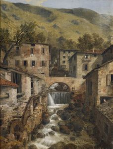 INGANNI ANGELO (1807 - 1880) - Paesaggio collinare con un torrente, un ponte ed un mulino ad acqua.