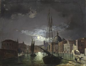 CAFFI IPPOLITO (1809 - 1866) - Notturno veneziano in Canal Grande.