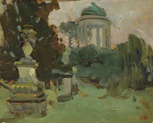 ZANETTI ZILLA VITTORE (1864 - 1946) - Paesaggio con fontana e tempio.