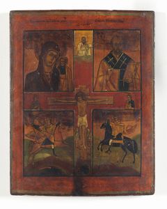 Icona russa del XIX secolo - Crocefissione e Santi.