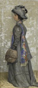 ARTISTA DEL XIX SECOLO - Ritratto di donna con abito grigio.