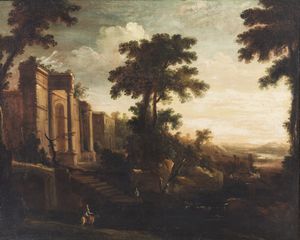 ONOFRI CRESCENZO (1632 - 1712) - Attribuito a. Paesaggio con rovine, cavaliere e personaggi.