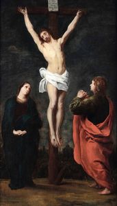 de Grebber Pieter : Ges in croce fra la Madonna e S. Giovanni  - Asta Dipinti Antichi - Associazione Nazionale - Case d'Asta italiane